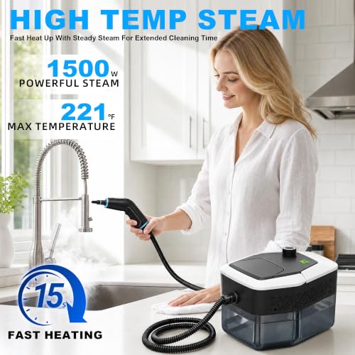 Handheld Steam Cleaner with 1.8L Tank, 15s Heat-Up, 60 Min Runtime for Home & Car Cleaning