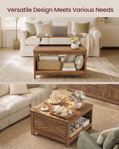 VASAGLE Lift Top Square Coffee Table with Storage - Honey Brown, 31.5"D x 31.5"W x 17.9"H