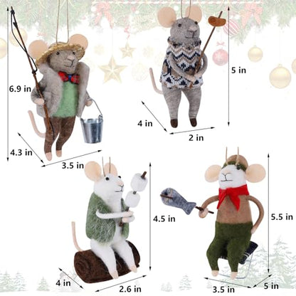 Christmas Felt Mouse Ornaments Set of 4 - Holiday Wool Decorations for Tree Wreath Gift