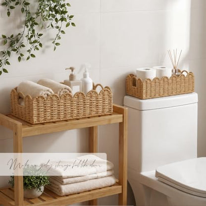 Scalloped Toilet Paper Storage Baskets Set of 2 - Neutral Handles