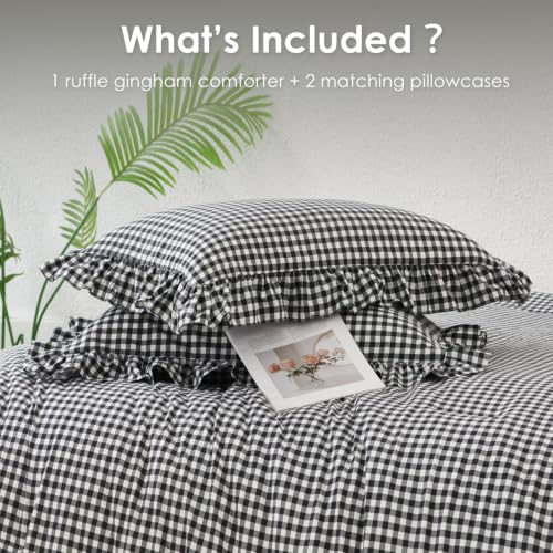 Gingham Checkered Twin Comforter Set with Ruffle Edges - Black & White