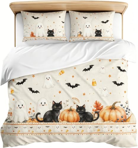 Halloween Duvet Cover Set Queen Black Cat Ghost Pumpkin Border - Whimsical Spooky Season Bedding