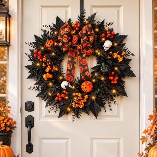 24-In Halloween Wreath for Front Door Black Skeleton Spider Web Decor