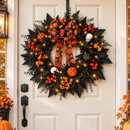 24-In Halloween Wreath for Front Door Black Skeleton Spider Web Decor