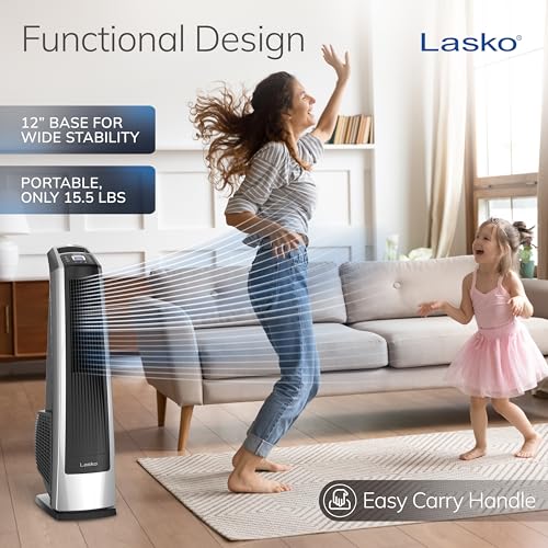 Lasko High Velocity Oscillating Tower Fan for Bedroom, Garage, Basement, and Gym with Remote Control, Timer, 3 Powerful Speeds, 35" Silver/Black, U35115