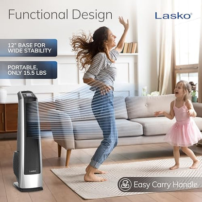 Lasko High Velocity Oscillating Tower Fan for Bedroom, Garage, Basement, and Gym with Remote Control, Timer, 3 Powerful Speeds, 35" Silver/Black, U35115