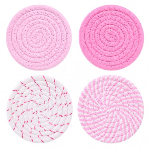 4 Pack Pink Pastel Fabric Coasters for Desk - Absorbent Drink Protectors