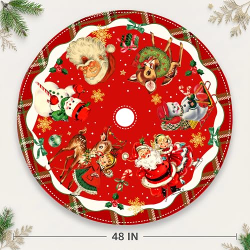 Vintage Christmas Tree Skirt with Santa and Retro Design, 48 Inch