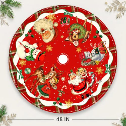 Vintage Christmas Tree Skirt with Santa and Retro Design, 48 Inch