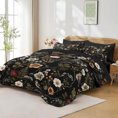 King Quilt Set with Pillowcases and Shams - Floral Bird Bedding 7 Pieces