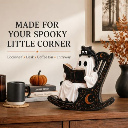 Halloween Ghost Decor - Reading Ghost Tabletop with Cat, Cozy Book Lover Halloween Decorations - Ghost Cat Book Variation