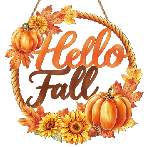 Fall Door Wreath Decor with Pumpkins Sunflowers & Hello Fall Sign