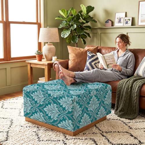 Stretch Square Ottoman Cover with Nonslip Bottom - Blue Damask Plant, Large