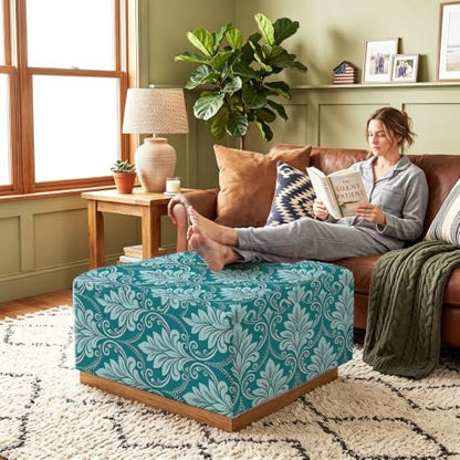 Stretch Square Ottoman Cover with Nonslip Bottom - Blue Damask Plant, Large
