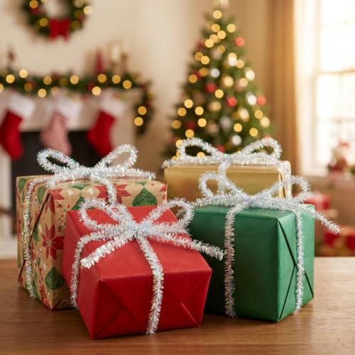 53Ft Iridescent Christmas Tinsel Ribbon Set - Metallic Wire Garland, 4 Pcs