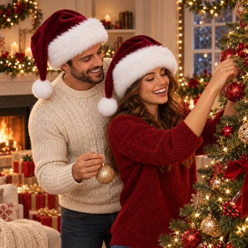 Unisex Velvet Christmas Santa Hat - Extra Thick Red Holiday Hat