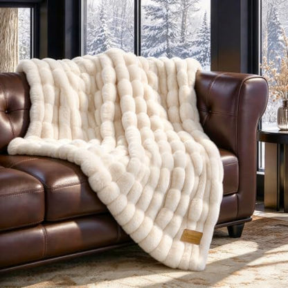 Antique Ivory White 50x60 Inch Double-Sided Faux Fur Throw Blanket - Ultra Plush & Cozy Warm Luxury Bed Couch Decor