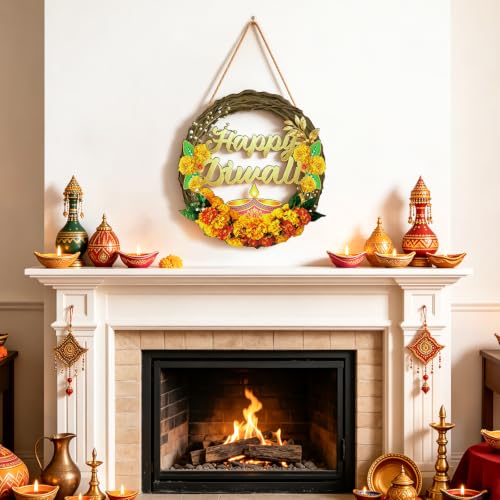 Diwali Wreath - Wooden Happy Diwali Decoration for Front Door & Wall, 13x11.4 Inches