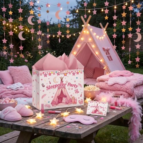 Pink Sleepover Party Gift Bag with Wrapping Paper and Card for Girls Teens