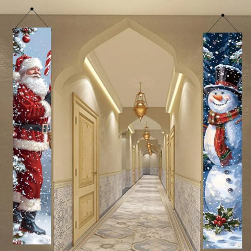 Christmas Porch Banner Santa and Snowman Set 71x12 Inch Holiday Door Decorations