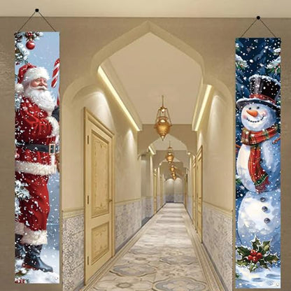 Christmas Porch Banner Santa and Snowman Set 71x12 Inch Holiday Door Decorations