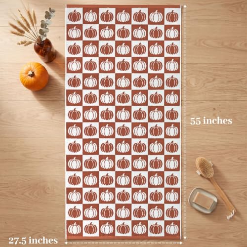 Fall Bath Towels Set of 2 - Checkered & Pumpkin Cotton 27.5 x 55 Inches - Pumpkin Variation
