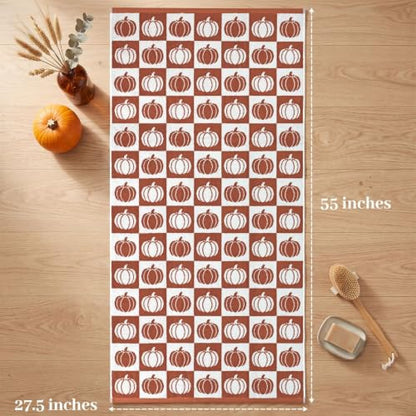 Fall Bath Towels Set of 2 - Checkered & Pumpkin Cotton 27.5 x 55 Inches - Pumpkin Variation
