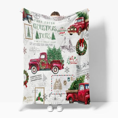 Christmas Throw Blanket - Red Truck Tree Farmhouse Holiday Plush 50x60 Inches - Cozy Fluffy Bed & Sofa Blanket - Variation: 50" x 60"