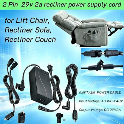 29V 2A Recliner Power Supply Kit with AC Cord & Splitter for Dual Motor Lift Chairs