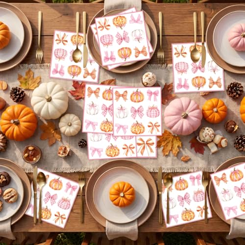 Fall Pumpkin Napkins Set - 50 Pink Watercolor Bows & Pumpkins