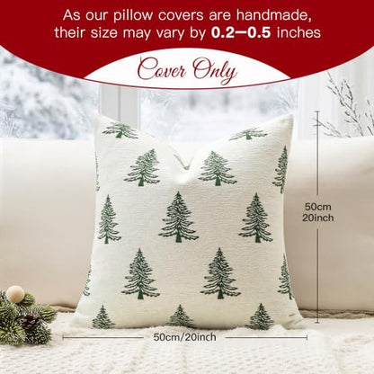 Artscope Christmas Chenille Pillow Covers 20x20 Inch Set of 2 - Beige & Green