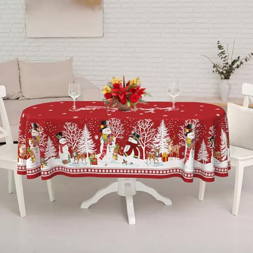 Yighty Oval Christmas Tablecloth 60 x 84In Red Snowman Santa Elk Holiday Decor
