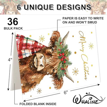 Highland Cow Christmas Greeting Cards Set - Gold Foil Snowflake Watercolor Holiday Note Cards with Envelopes & Stickers - Highland Cow Variation 1