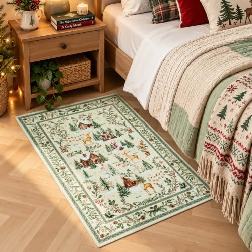 Beige Area Rug 2x3 Feet for Entryway, Kitchen & Bathroom - Christmas Design