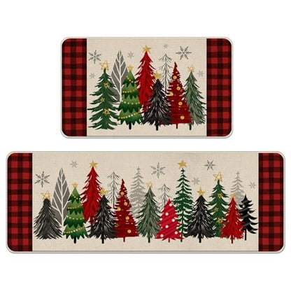 Merry Christmas Tree Red Kitchen Rugs Set of 2 - Christmas Tree Variation