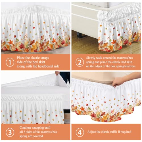 Fall Maple Leaves Bed Skirt Queen Size 16 Inch Drop Wrap Around Autumn Bedding - White, Terracotta, Pumpkin, Burnt Orange