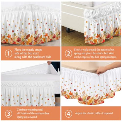 Fall Maple Leaves Bed Skirt Queen Size 16 Inch Drop Wrap Around Autumn Bedding - White, Terracotta, Pumpkin, Burnt Orange