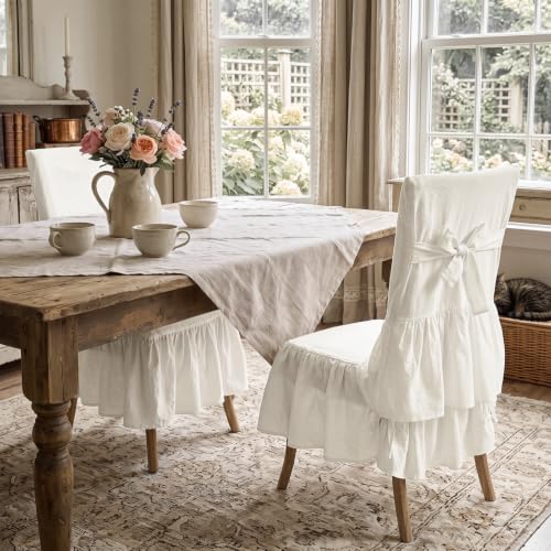 White Ruffled Chair Cover Set with Seat Cushion | Linen Dining Chair Slipcover