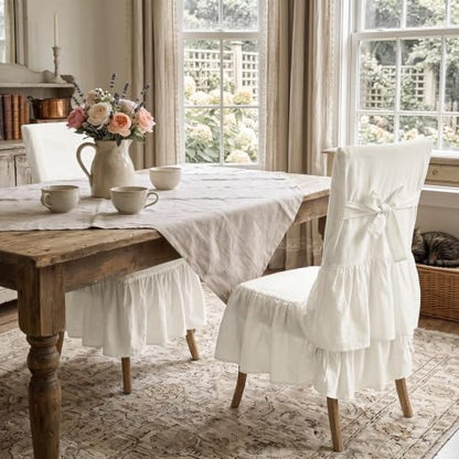 White Ruffled Chair Cover Set with Seat Cushion | Linen Dining Chair Slipcover