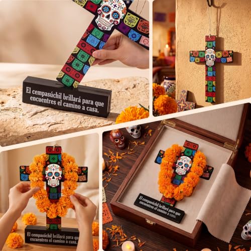 Amyhill Dia De Los Muertos Decor Wood Cross with Marigold Wreath - Classic