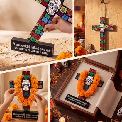 Amyhill Dia De Los Muertos Decor Wood Cross with Marigold Wreath - Classic