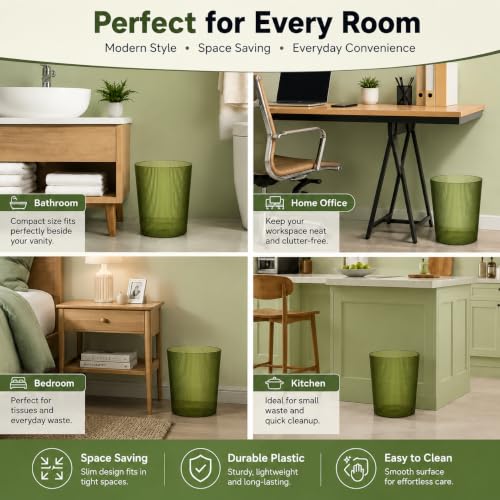 Green Transparent Trash Can - 2 Gallon Slim Plastic Wastebasket for Bathroom & Office