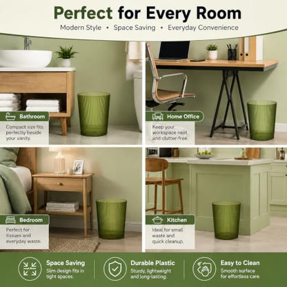 Green Transparent Trash Can - 2 Gallon Slim Plastic Wastebasket for Bathroom & Office