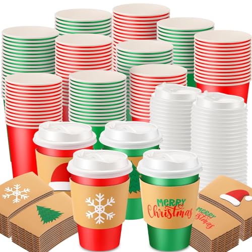 Christmas Coffee Cup Set 8 oz with Lids & Sleeves - Red & Green, 200 Count