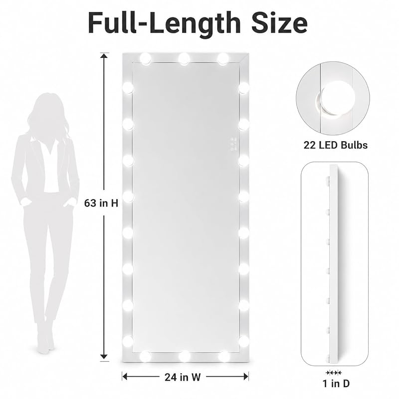 Full Length Mirror with Lights - 63 x 24 Inch, 3 Color Modes, Silver Variation