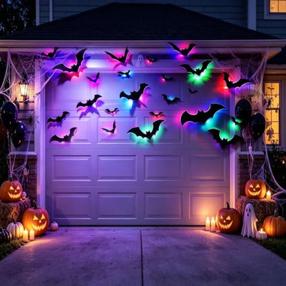 Purple Light-Up 3D Bat Wall Decals Halloween Indoor Outdoor Decorations