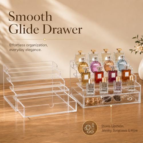 4-Tier Clear Acrylic Perfume Organizer with Drawer and Vanity Stand