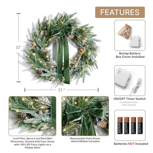 Christmas Wreath for Front Door with Lights - Cypress, 22 Inches