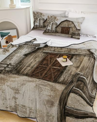 Brown Farmhouse Wood Barn Quilts Twin XL Comforter Set - Rustic Vintage Bed Bedding