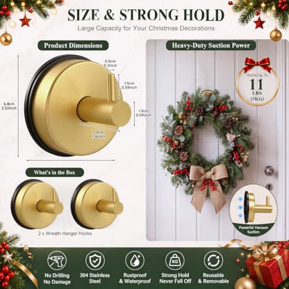 2 Pack Gold Suction Cup Wreath Hooks for Glass Doors - Heavy Duty Support